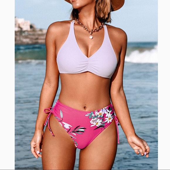 Cupshe Swim New Cupshe Light Purple Floral Braided Back Bikini Set